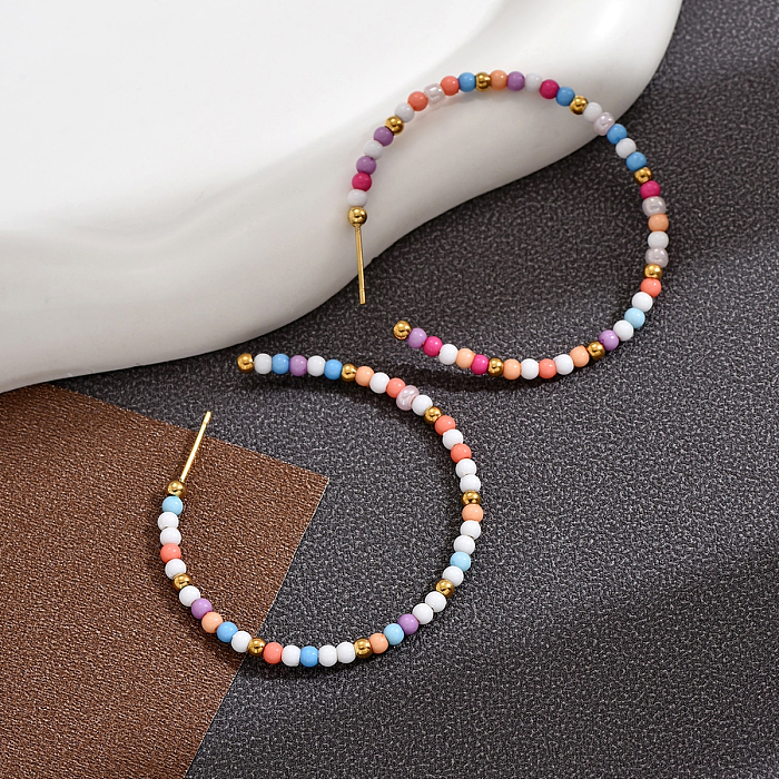 Schlichter Stil, runde Creolen aus Edelstahl mit Perlen, 1 Paar