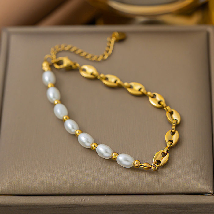 Wholesale IG Style Oval Titanium Steel Pearl Plating Bracelets