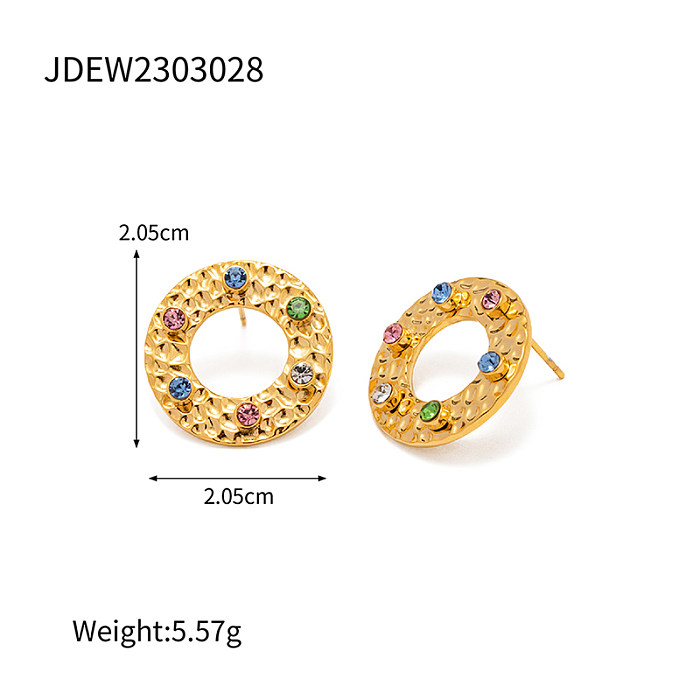1 par de brincos redondos de aço inoxidável estilo moderno, incrustação vazada de diamante artificial banhado a ouro 18K