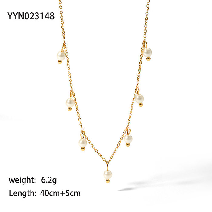 Elegant Solid Color Stainless Steel  Freshwater Pearl Beaded Plating 18K Gold Plated Necklace