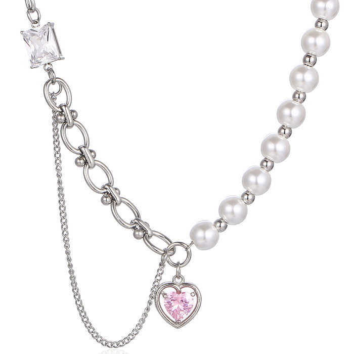 Hip-Hop Cool Style Heart Shape Stainless Steel Pearl Chain Inlay Zircon Pendant Necklace