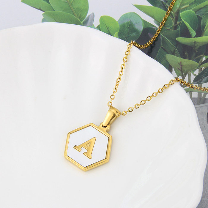 Collier en acier inoxydable avec pendentif en forme de coquille blanche hexagonale Simple, vente en gros de bijoux, 26 lettres