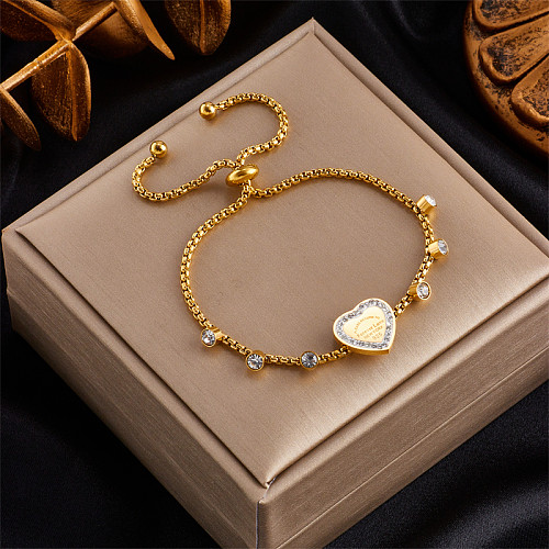 Pulseras chapadas en oro de 18K con incrustaciones de diamantes de imitación chapados en acero inoxidable con forma de corazón y letras de estilo vintage informal