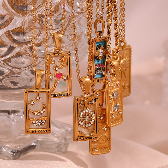 Halskette mit Stern-Anhänger im Vintage-Stil, rechteckig, Edelstahl-Beschichtung, Intarsien, Strasssteine, Zirkon, 18 Karat vergoldet