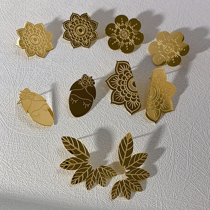 1 par de brincos folheados a ouro 18K com folhas e flores em estilo simples e doce