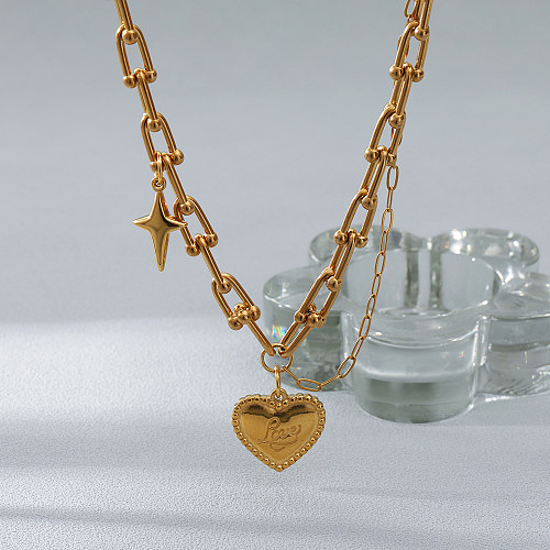 Collar con colgante chapado en oro, cadena de acero inoxidable con forma de corazón y estrella a la moda, 1 pieza