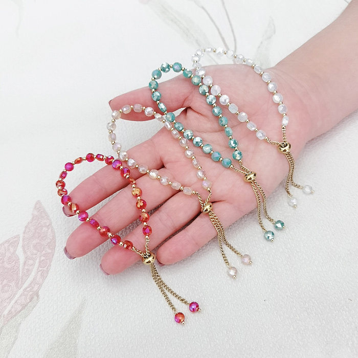 Bracelets perlés en cristal artificiel d'acier inoxydable de couleur unie douce