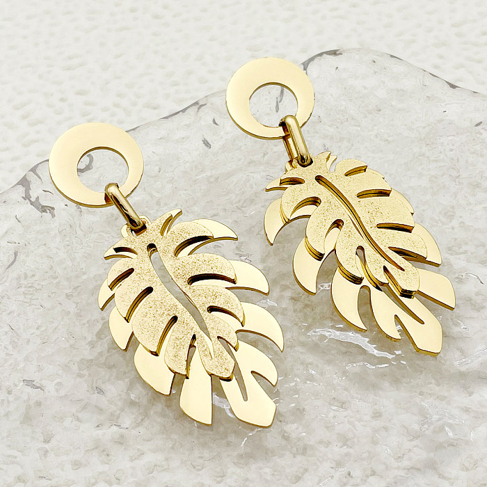 1 Pair Classical Roman Style Leaf Plating Stainless Steel  Gold Plated Drop Earrings