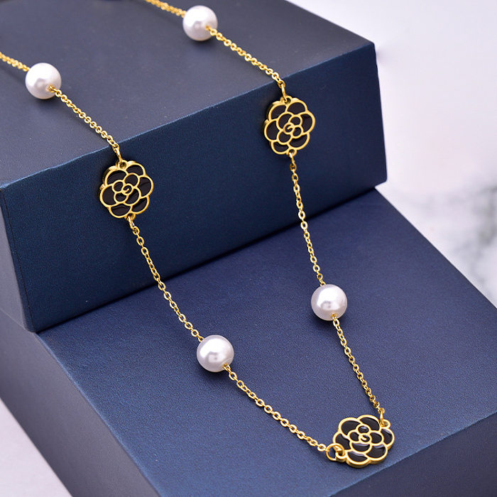 Retro Flower Stainless Steel Epoxy Artificial Pearls Necklace