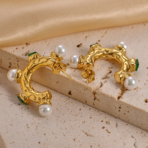1 par estilo moderno em forma de C chapeamento incrustado de pérolas artificiais de aço inoxidável zircão brincos banhados a ouro