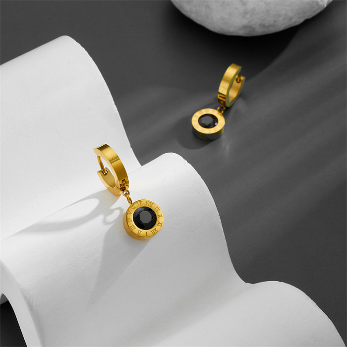 1 paire de boucles d'oreilles pendantes en acier inoxydable et diamant plaqué or 18 carats, Style Simple et élégant, incrustation ronde