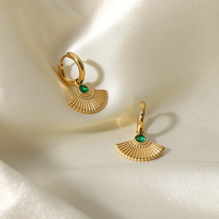 French New Retro Round Green Zircon Fan-Shaped Eardrops Earrings 14K Gold Stainless Steel  Ear Ring Women 'S Earrings
