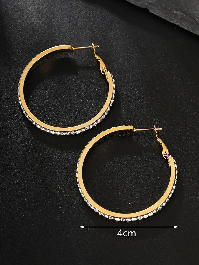 1 Pair Modern Style Shiny Round Stainless Steel  Plating Inlay Rhinestones 18K Gold Plated Hoop Earrings