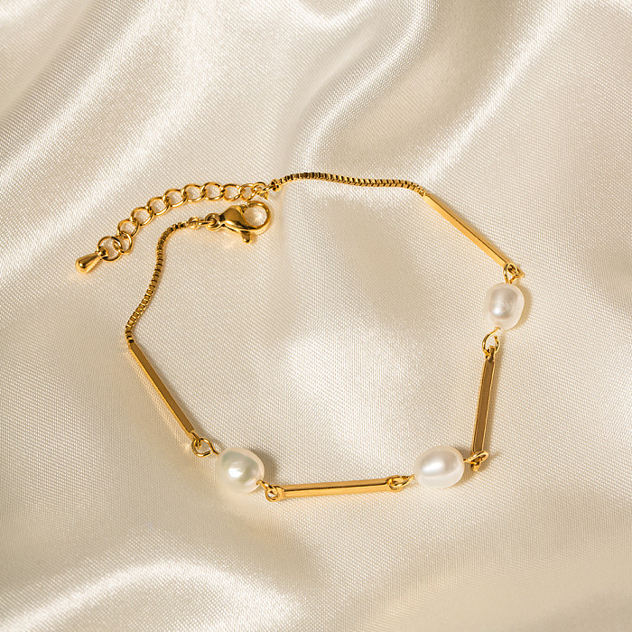 INS Style Simple Style Solid Color Stainless Steel Freshwater Pearl Plating 18K Gold Plated Bracelets