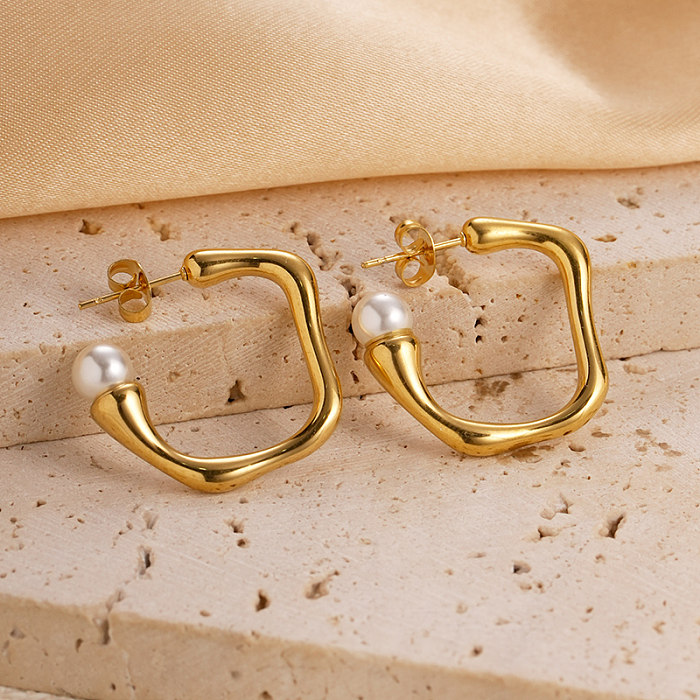 Boucles d'oreilles plaquées or, 1 paire, Style moderne de vacances, incrustation carrée en forme de C, perles artificielles en acier inoxydable