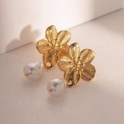 1 paire de boucles d'oreilles pendantes en acier inoxydable, Style Simple, incrustation de fleurs, perle plaquée or 18 carats