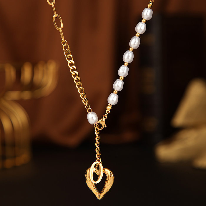 Fashion Heart Shape Stainless Steel  Inlay Artificial Pearls Necklace