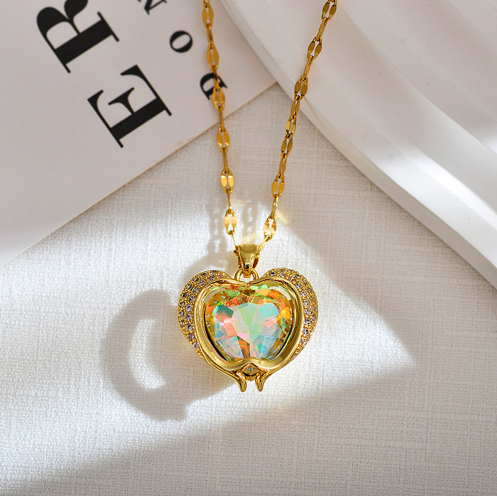 Sweet Heart Shape Stainless Steel Copper Inlay Zircon Pendant Necklace