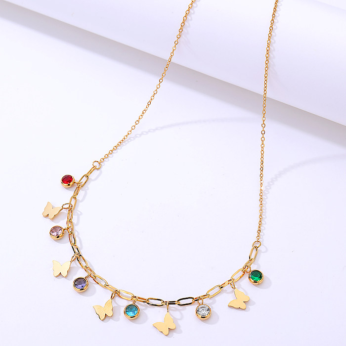 Fashion Classic Style Butterfly Electroplated 18K Color Zircon Stainless Steel  Necklace