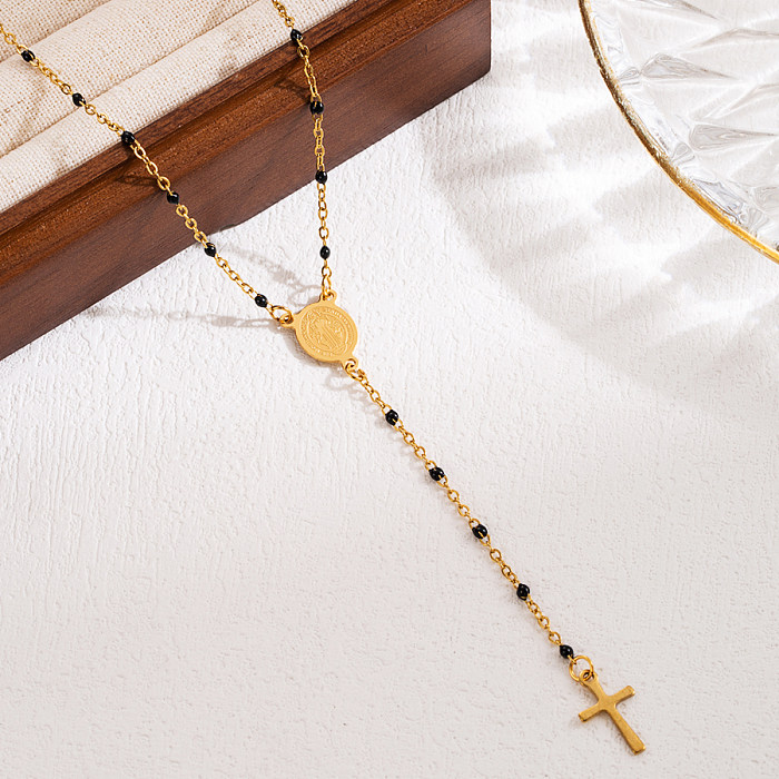 Collar chapado en oro de 18 quilates con cuentas de acero inoxidable y sacerdote de la Virgen María con cruz clásica elegante