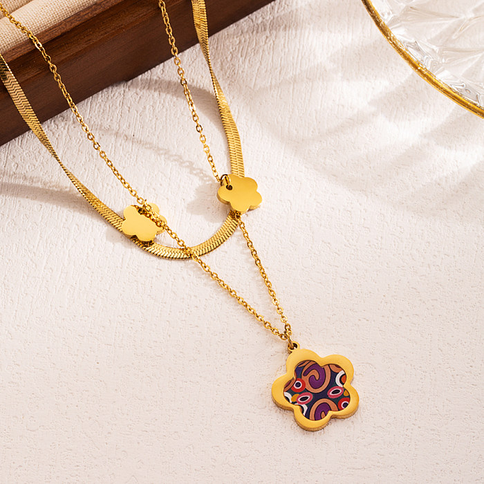 Mehrschichtige Halsketten im INS-Stil mit künstlerischer herzförmiger Blume und Schmetterling, Edelstahl-Emaille-Beschichtung, 18 Karat vergoldet