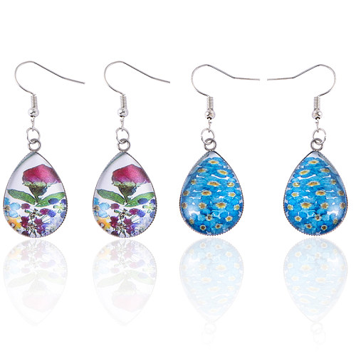 1 paire de boucles d'oreilles en verre avec incrustation de fleurs en acier inoxydable, gouttelettes d'eau de vacances