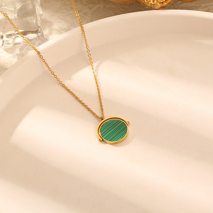 Simple Style Round Stainless Steel Plating Inlay Malachite Shell Pendant Necklace