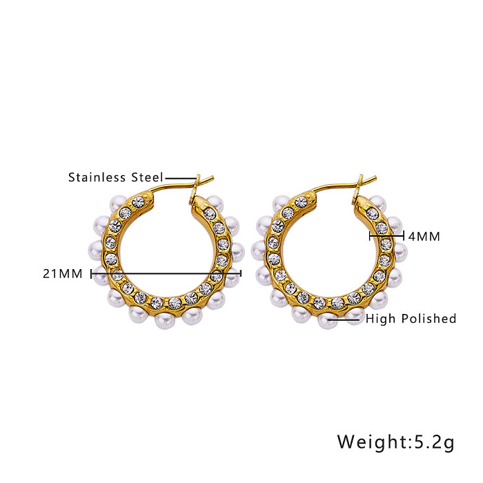 1 Piece Retro Round Plating Inlay Stainless Steel  Stainless Steel Rhinestones Pearl Gold Plated Earrings