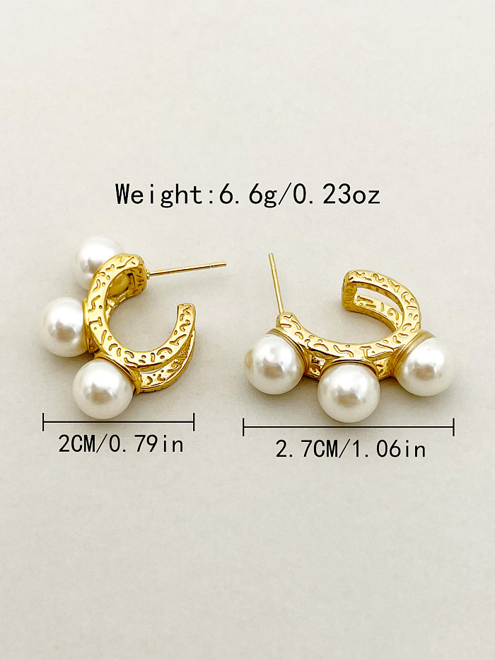 1 Pair Elegant Sweet C Shape Stainless Steel  Plating Hollow Out Inlay Pearl Gold Plated Ear Studs
