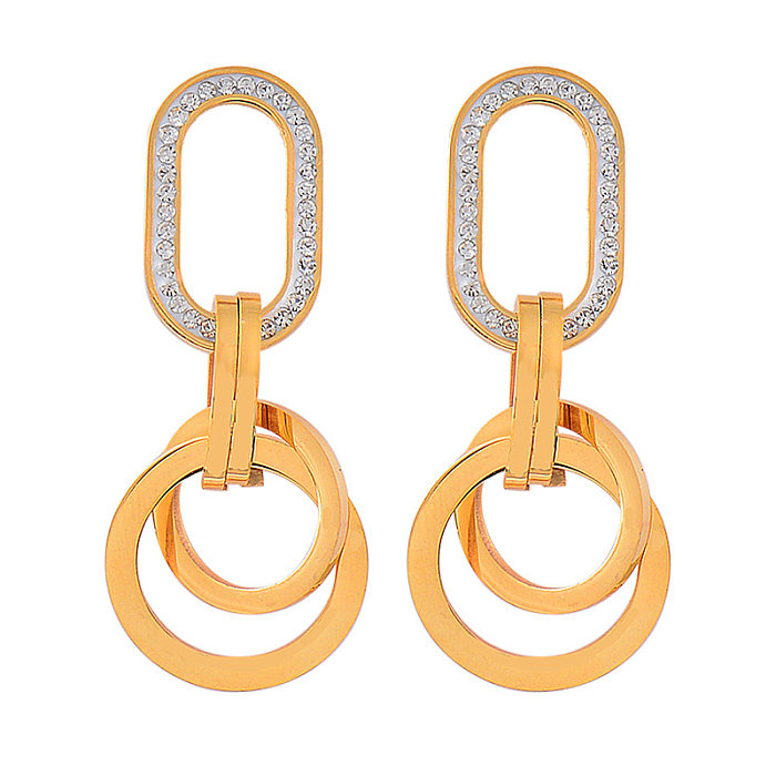 Modische geometrische Edelstahl-Ohrringe mit vergoldeten Strasssteinen, 1 Paar