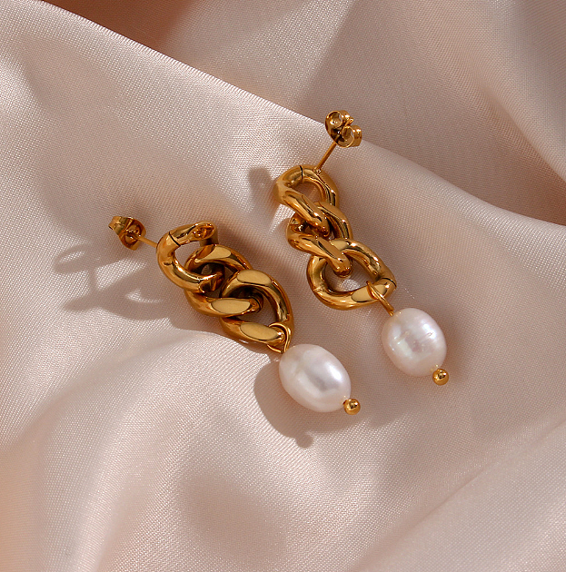 1 paire de boucles d'oreilles pendantes en acier inoxydable, Style Simple, Style classique, placage de couleur unie, perle d'eau douce, plaqué or