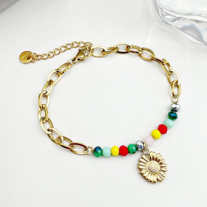 Sweet Simple Style Flower Stainless Steel Artificial Crystal Beaded Patchwork Plating Gold Plated Bracelets