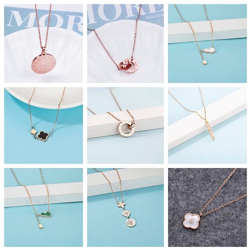Elegant Lady Modern Style Double Ring Four Leaf Clover Gourd Stainless Steel  Plating Inlay Diamond Rose Gold Plated Pendant Necklace