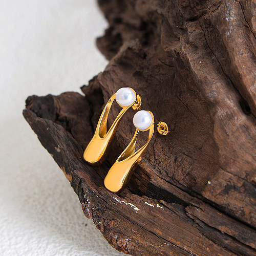 1 Pair Casual Simple Style Irregular Plating Hollow Out Inlay Stainless Steel Freshwater Pearl 18K Gold Plated Ear Studs