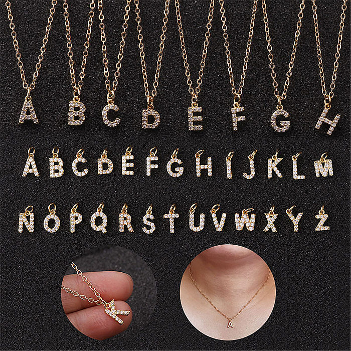 Colar com pingente de zircão embutido de cobre em aço inoxidável com letras de estilo simples