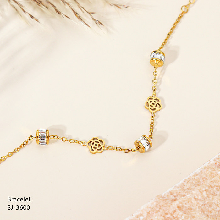 Estilo clássico retro flor de aço inoxidável em camadas incrustações strass rosa banhado a ouro banhado a prata pulseiras