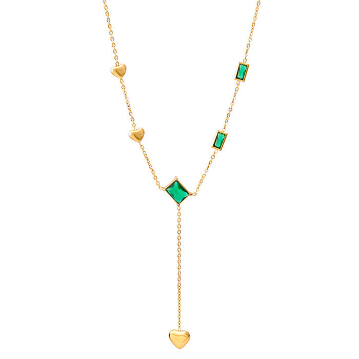 Schlichter Stil, quadratisch, herzförmig, Edelstahl, vergoldet, mit Strasssteinen, Anhänger-Halskette, 1 Stück