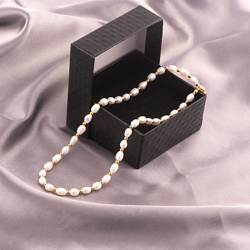 Damen-Halskette aus einfarbigem Süßwasserperlen-Edelstahl mit Perlenbeschichtung