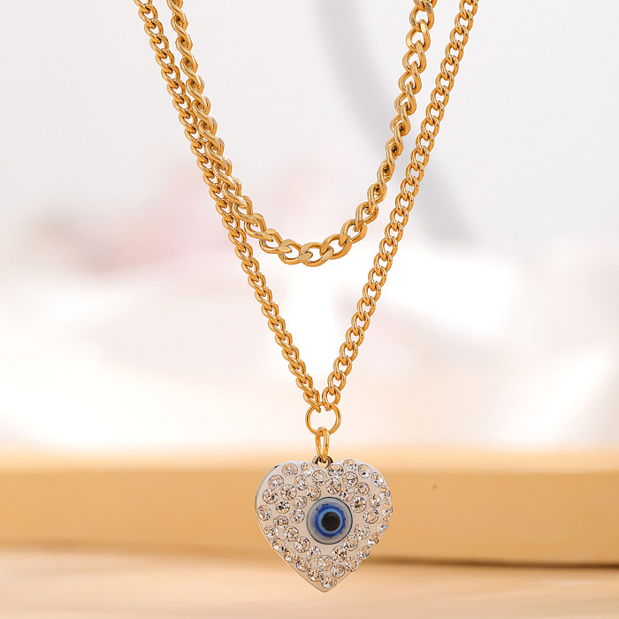 Artistic Heart Shape Eye Flower Stainless Steel Plating Inlay Resin Rhinestones Gold Plated Pendant Necklace