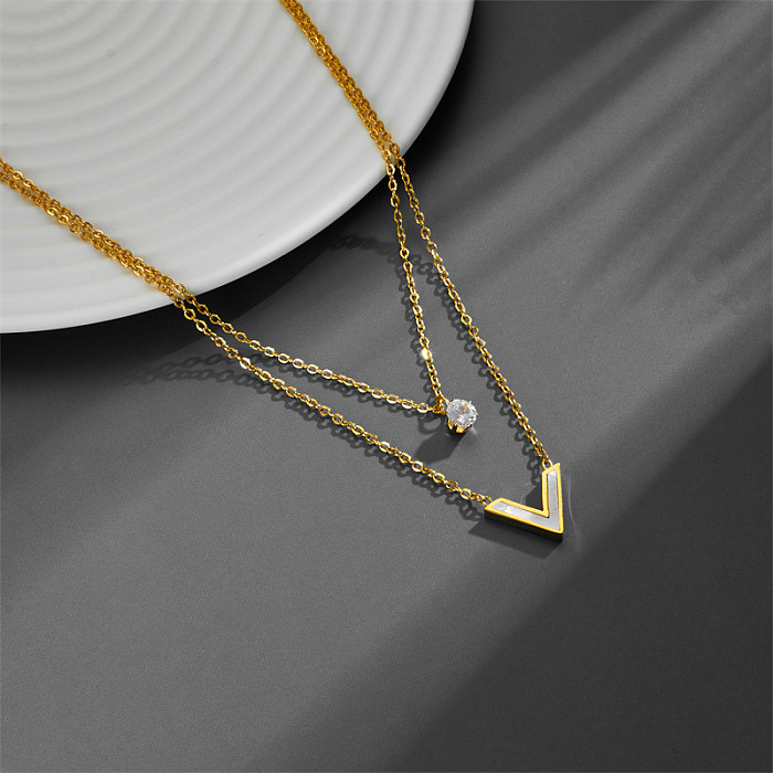 Simple Style V Shape Stainless Steel Inlay Shell Zircon 18K Gold Plated Layered Necklaces