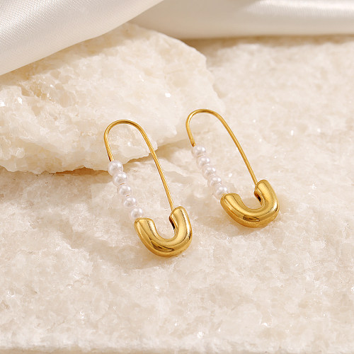 1 Pair Simple Style Paper Clip Pearl Plating Stainless Steel  18K Gold Plated Earrings