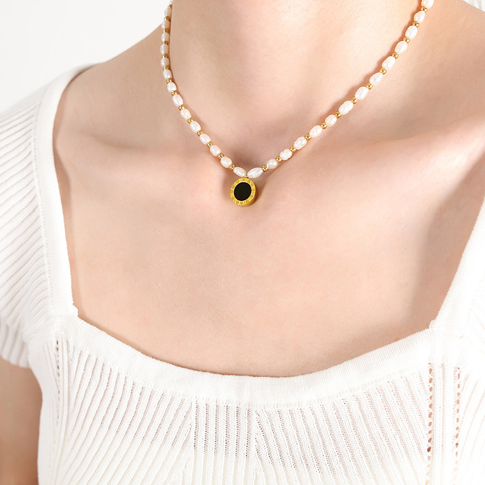 Elegant Baroque Style Round Number Beaded Stainless Steel Pearl Plating Inlay Acrylic Shell 18K Gold Plated Pendant Necklace