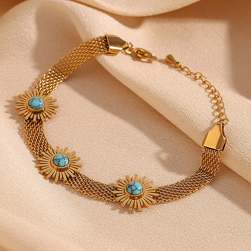 Casual Simple Style Flower Stainless Steel Plating Inlay Turquoise 18K Gold Plated Bracelets