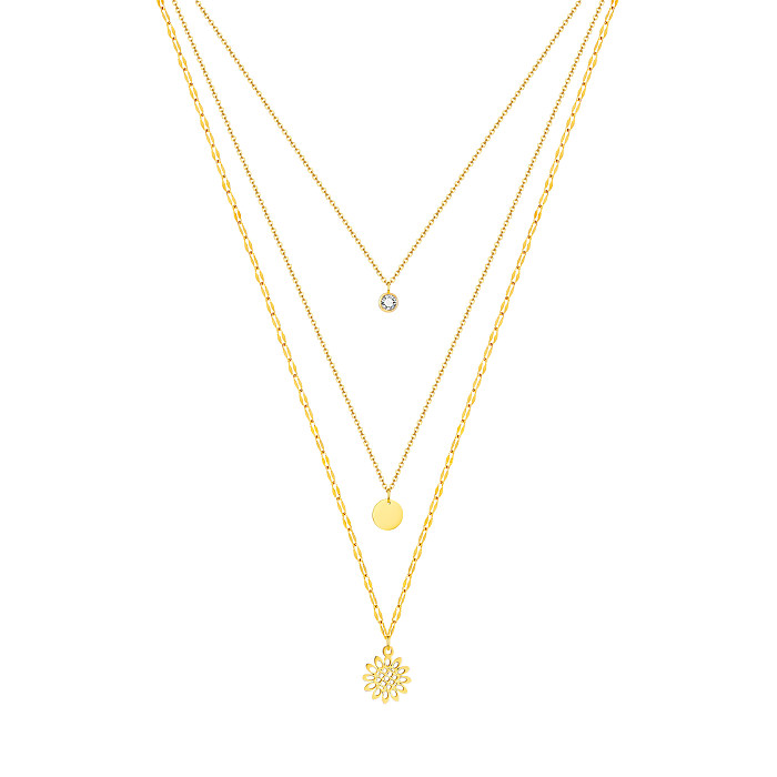 Einfache Urlaubs-Halskette mit Sonnenblume, Edelstahl-Beschichtung, Intarsien, Zirkon, vergoldet, dreilagig