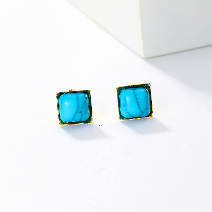 1 paire de clous d'oreilles plaqués or 18 carats, incrustation carrée en acier inoxydable, Turquoise