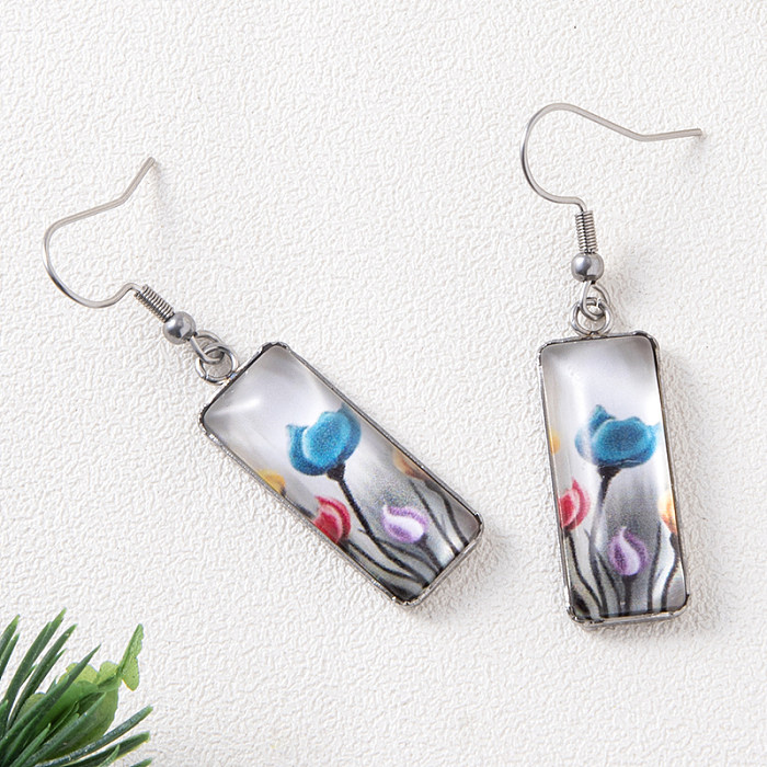 1 Pair Vacation Flower Stainless Steel  Inlay Glass Drop Earrings