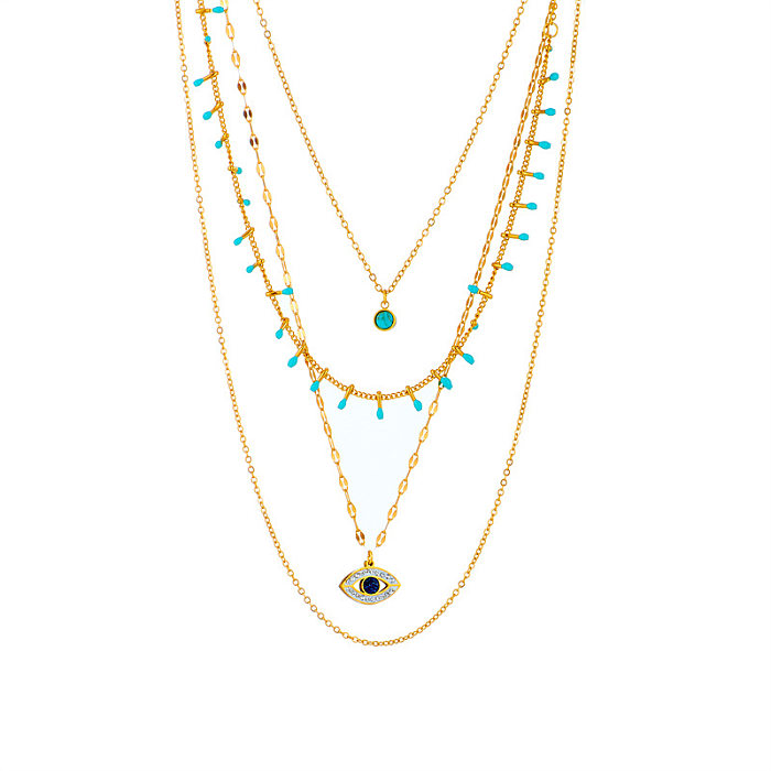 Mehrschichtige Halsketten im modernen Retro-Stil mit Auge, Edelstahlbeschichtung, ausgehöhltem Inlay, türkisfarbenem Zirkon und 18 Karat Gold