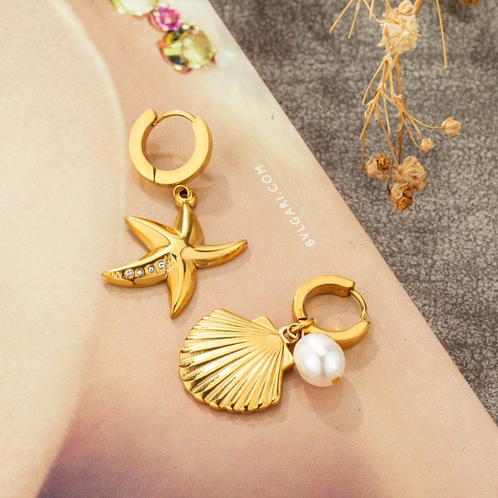 1 Pair Casual Starfish Shell Plating Inlay Stainless Steel  Zircon Gold Plated Earrings