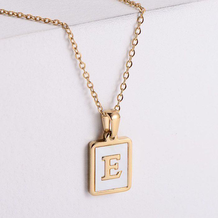 18k Gold Stainless Steel  Square Brand White Shell Letters Necklace