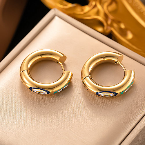 1 par de brincos de argola banhados a ouro 18K estilo moderno olho do diabo esmaltado em aço inoxidável